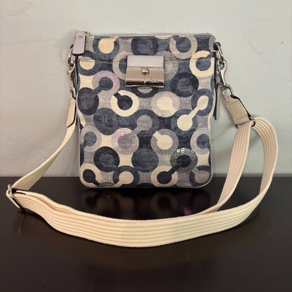 Coach Kristin Swing Denim Blue & White Canvas Sequined Signature C Crossbody